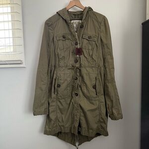 Ruehl Y2K Women’s Medium NEW Cinched Waist Jacket Army Military Hooded Travel